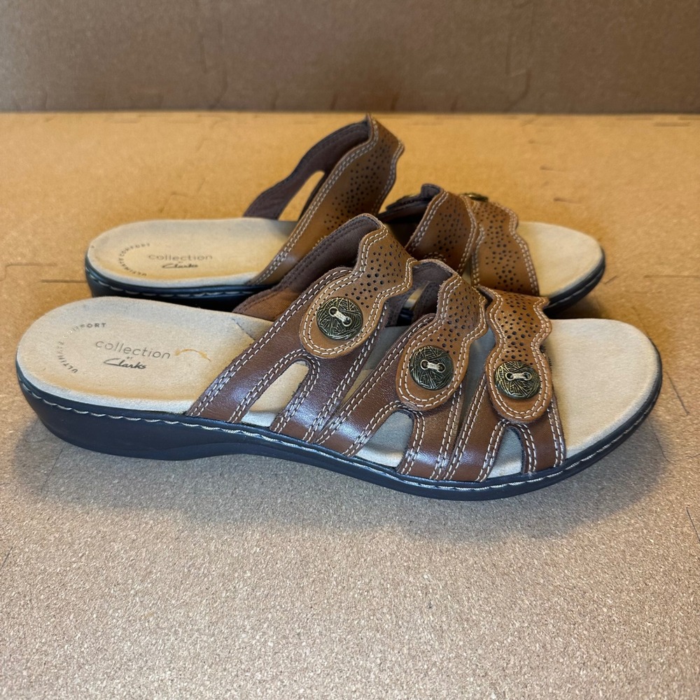 Clarks Collection Leisa Grace Brown Leather Slide Sandals Womens 11W Wide Multi